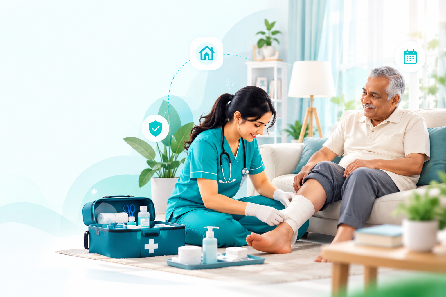 Home Wound Dressing Service in Hyderabad by DressingWala Professional DressingWala registered nurse performing sterile wound dressing at patient's home in Hyderabad