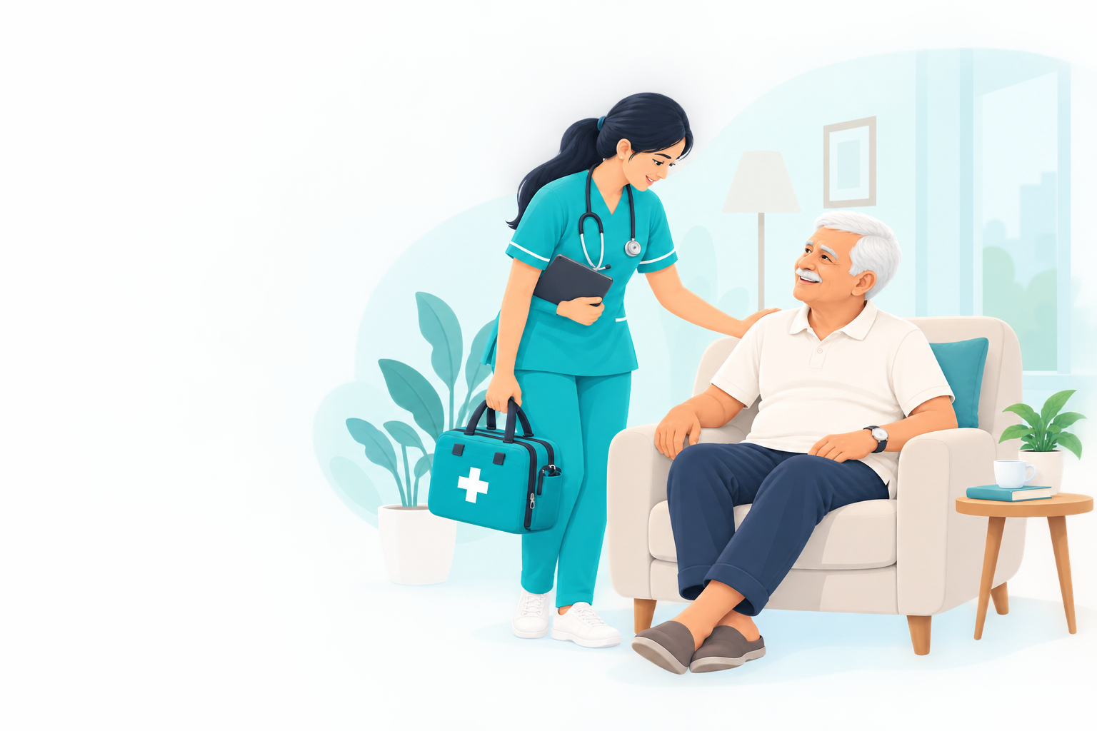 Professional nurse providing wound care at patient's home